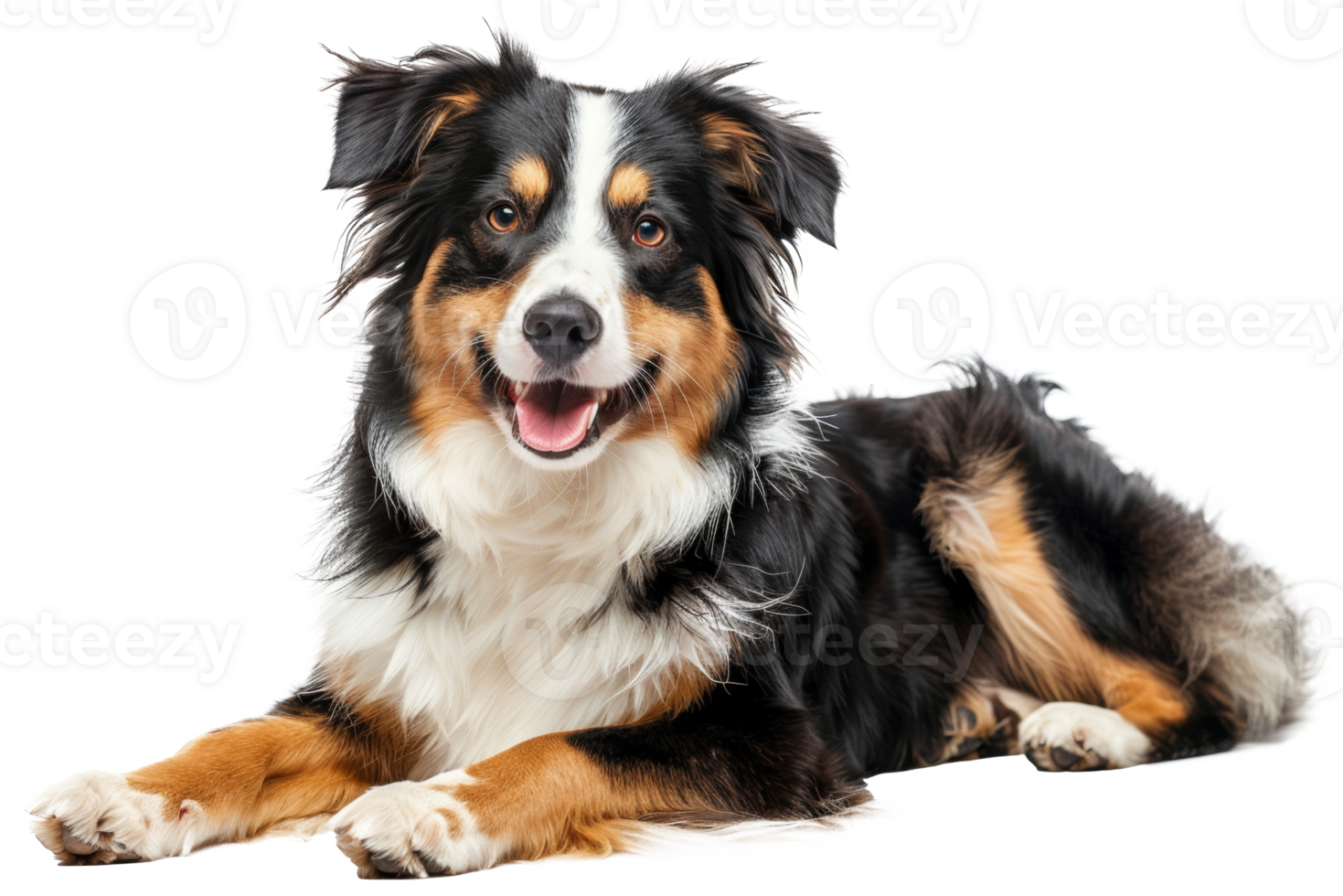 AI generated Happy Australian shepherd dog lying down with tongue out on transparent background - stock png. png