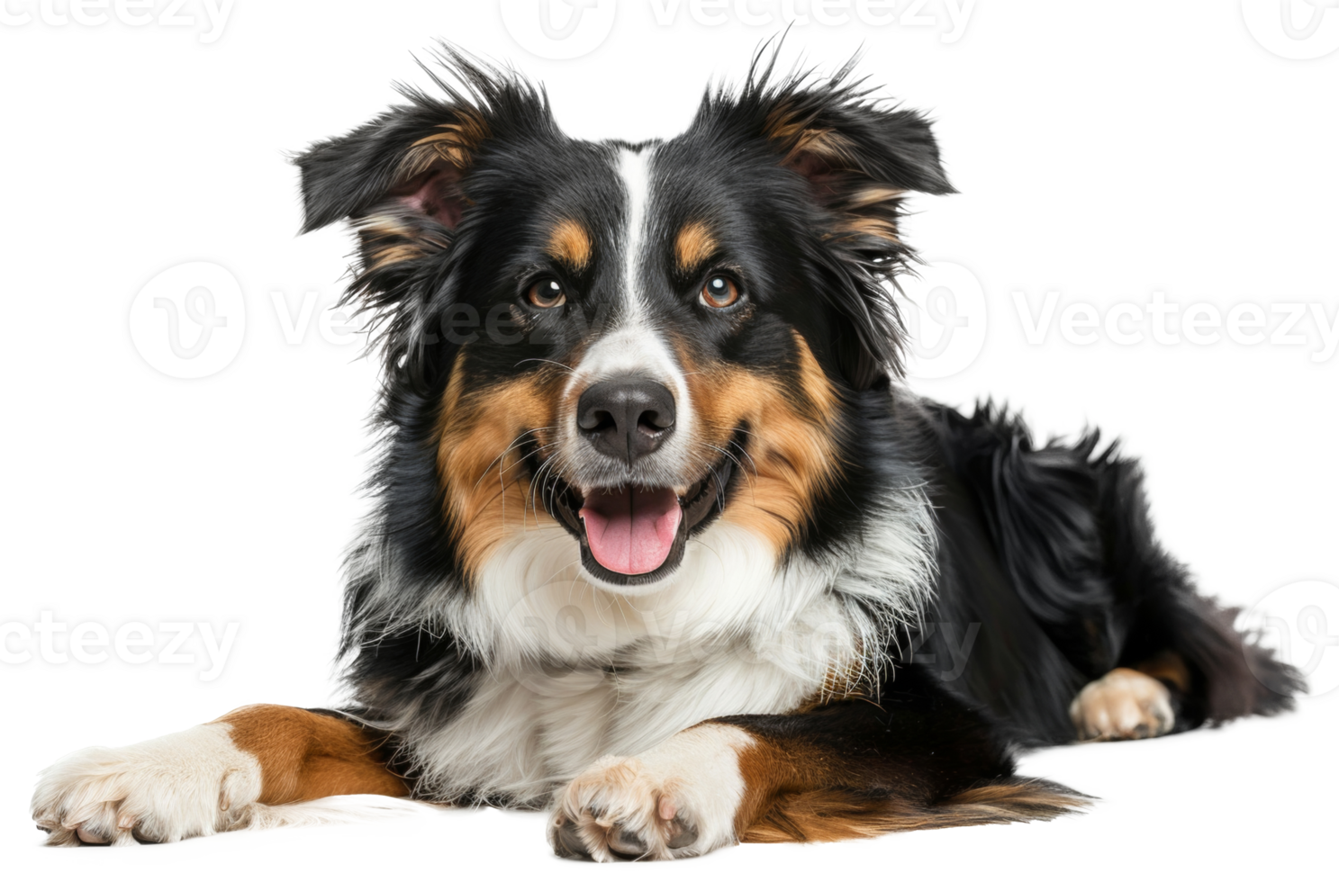 AI generated Happy Australian shepherd dog lying down with tongue out on transparent background - stock png. png