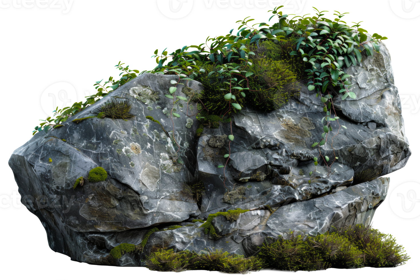 AI generated Natural rock with lush vegetation and white flowers on transparent background - stock png. png