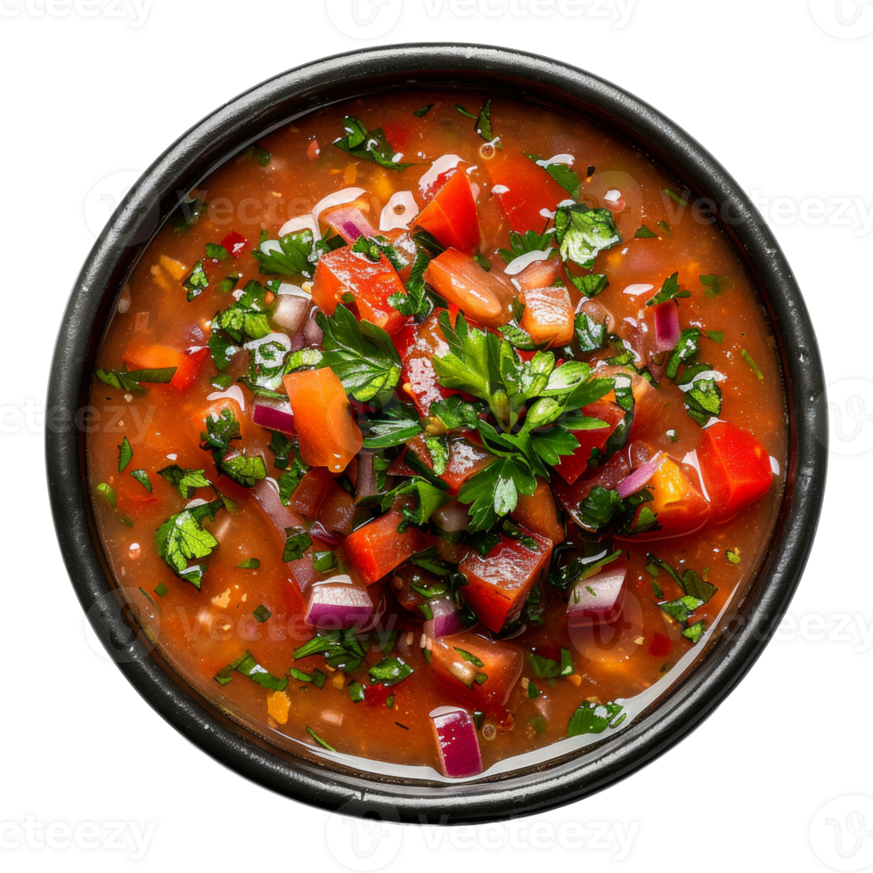 AI generated Spicy tomato vegetable soup gazpacho with fresh herbs and pepper seasoning on transparent background - stock png. png