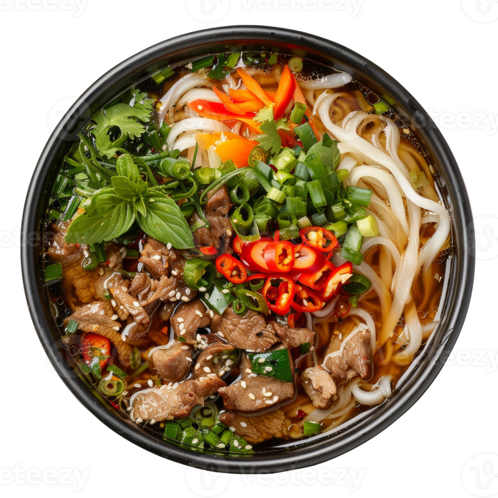 AI generated Flavorful chicken pho with herbs in rich broth on transparent background - stock png. png