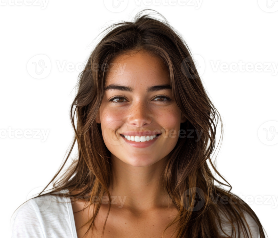 AI generated Smiling woman with freckles and sunlit brown hair on transparent background - stock png. png