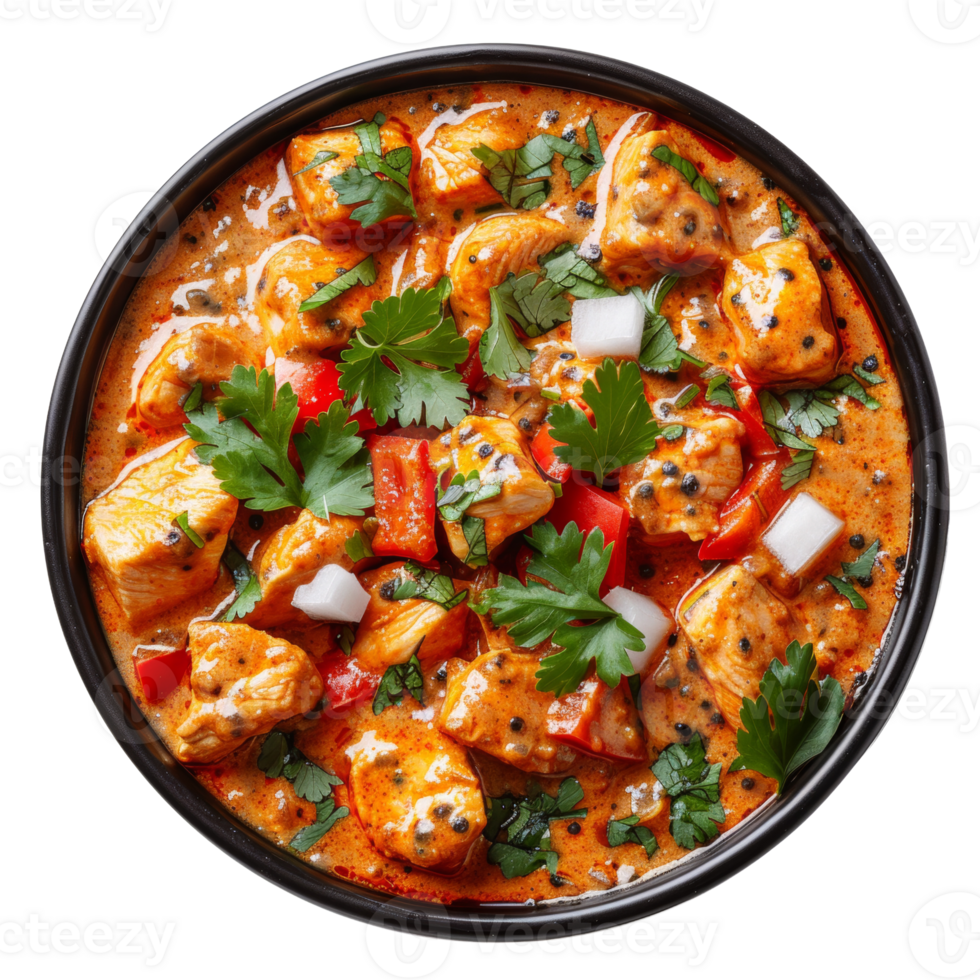 AI generated Hot and spicy Asian soup chiken tikka masala with tofu, vegetables, and noodles on transparent background - stock png. png