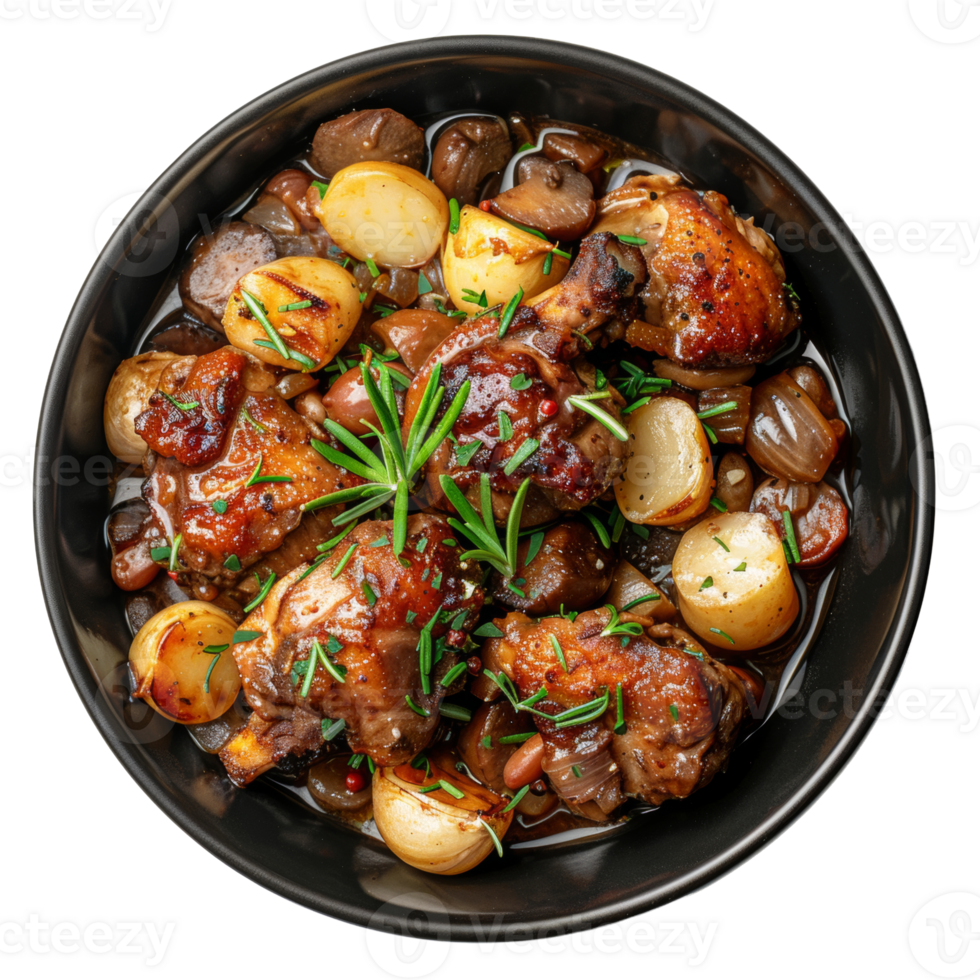 AI generated Rustic chicken thigh stew with potatoes and mushrooms in savory sauce on transparent background - stock png. png
