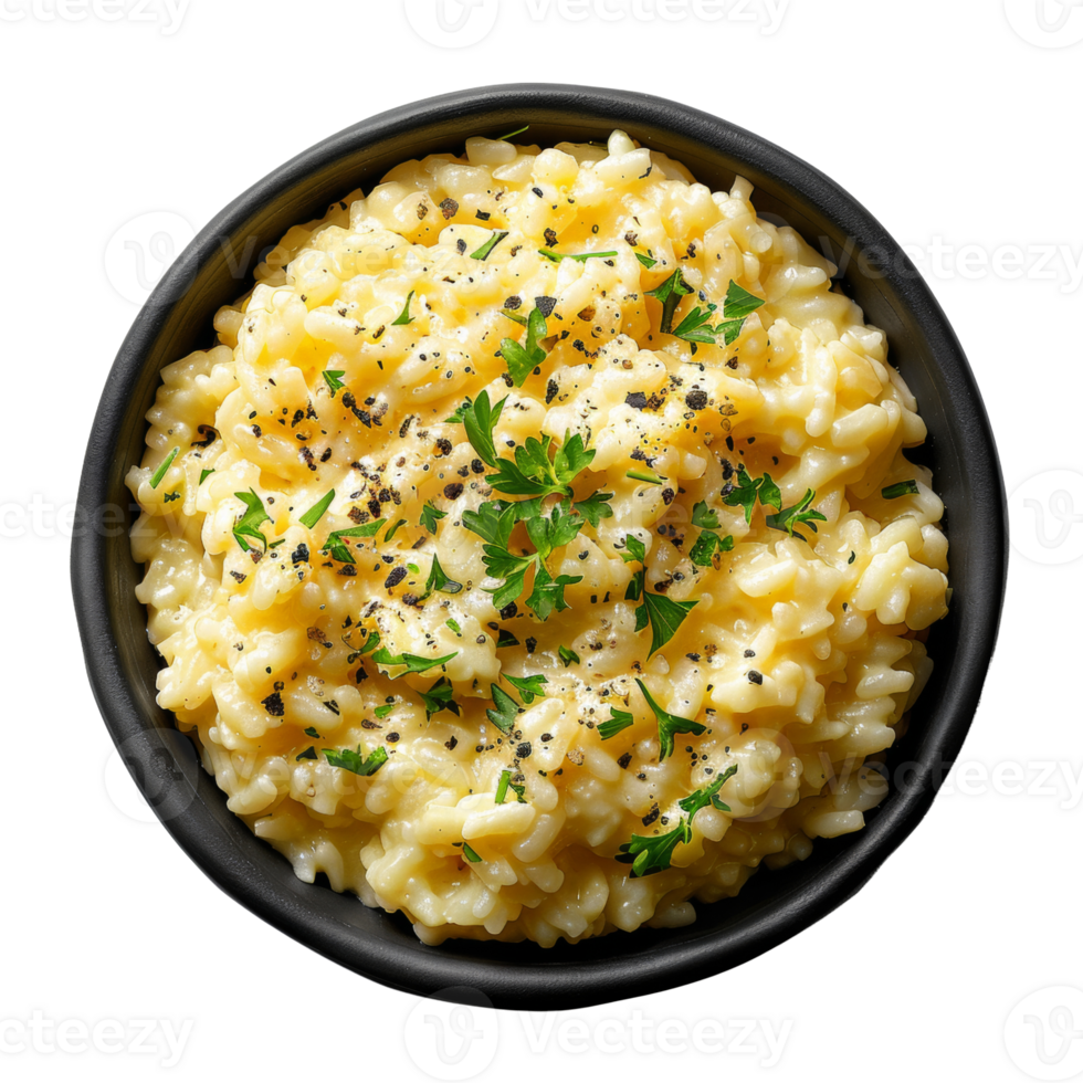 AI generated Creamy risotto with black sesame and fresh dill on transparent background - stock png. png