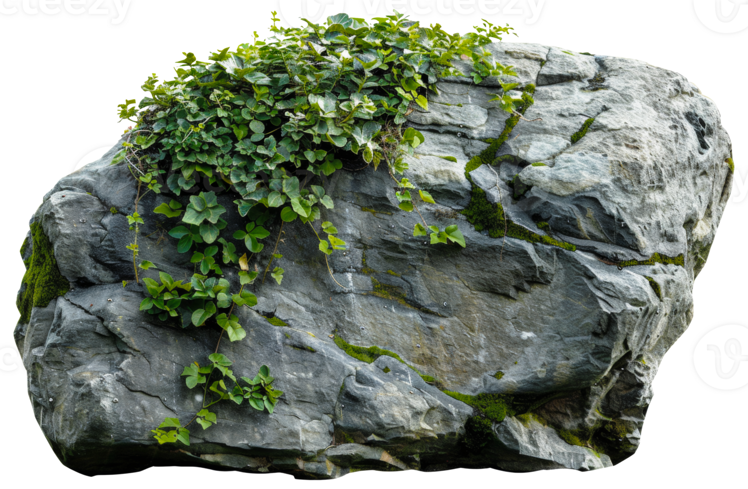 AI generated Natural rock with lush vegetation and white flowers on transparent background - stock png. png