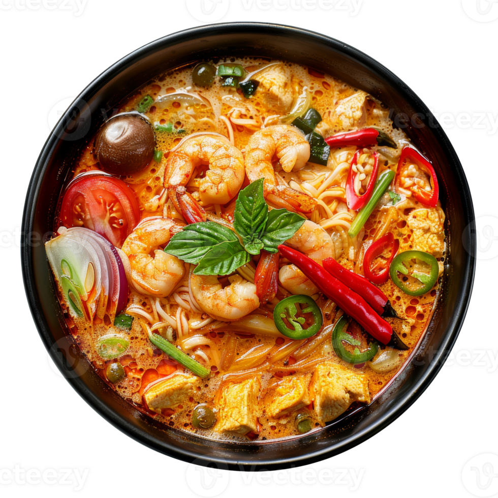 AI generated Exotic seafood noodle soup with shrimp, spices, and fresh herbs on transparent background - stock png. png