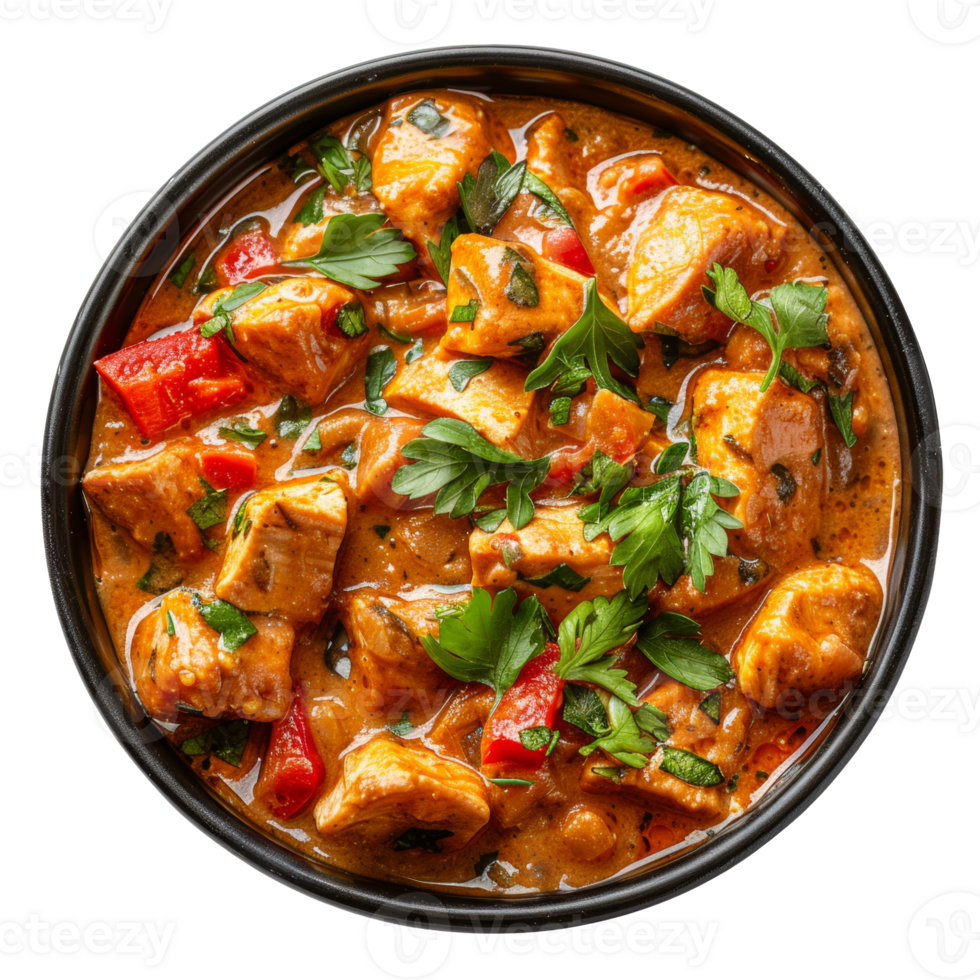 AI generated Hot and spicy Asian soup chiken tikka masala with tofu, vegetables, and noodles on transparent background - stock png. png