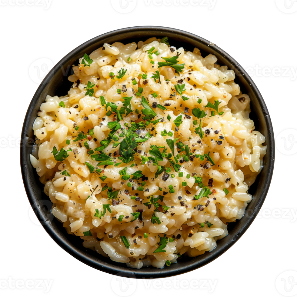 AI generated Creamy risotto with black sesame and fresh dill on transparent background - stock png. png