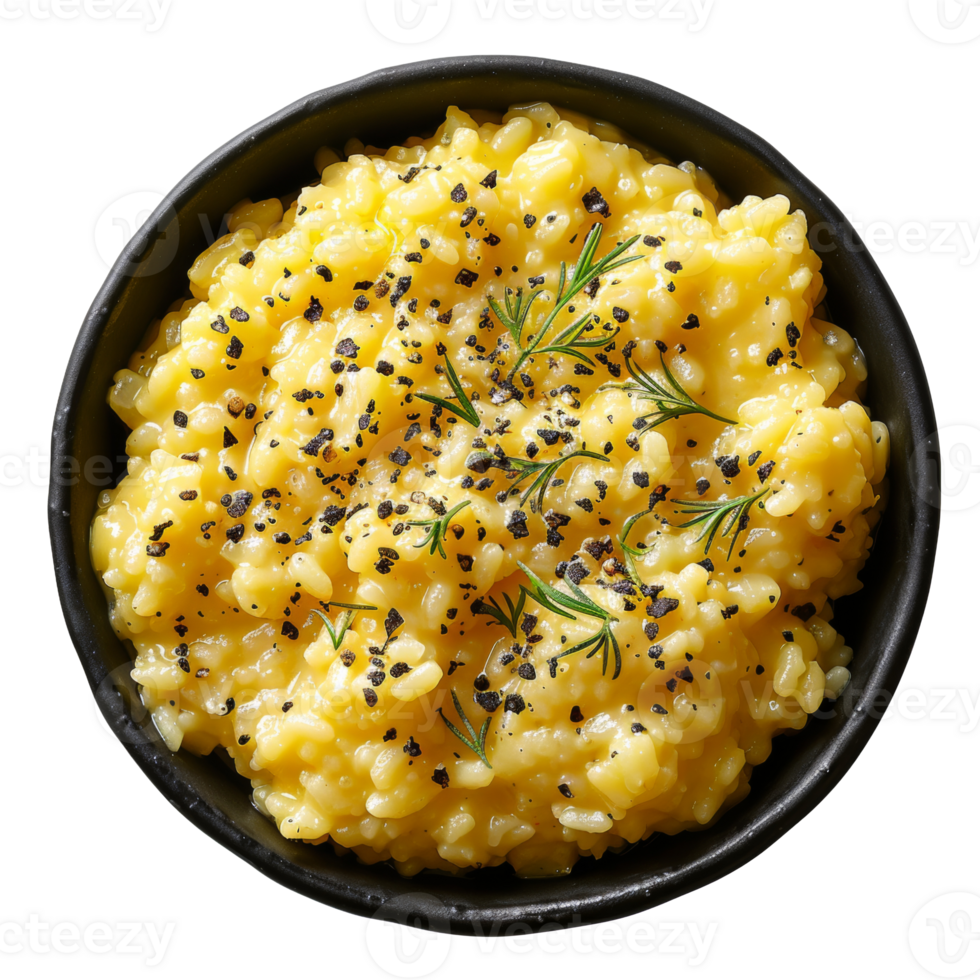 AI generated Creamy risotto with black sesame and fresh dill on transparent background - stock png. png