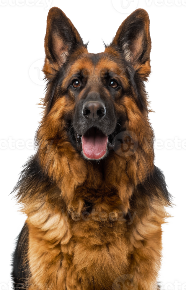 AI generated Alert German Shepherd dog with tongue out looking friendly on transparent background - stock png. png