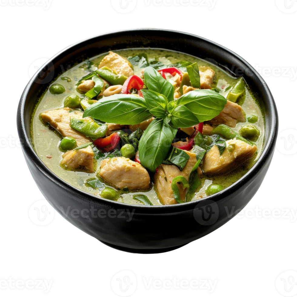 AI generated Fragrant green curry with chicken and Thai basil in a bowl on transparent background - stock png. png