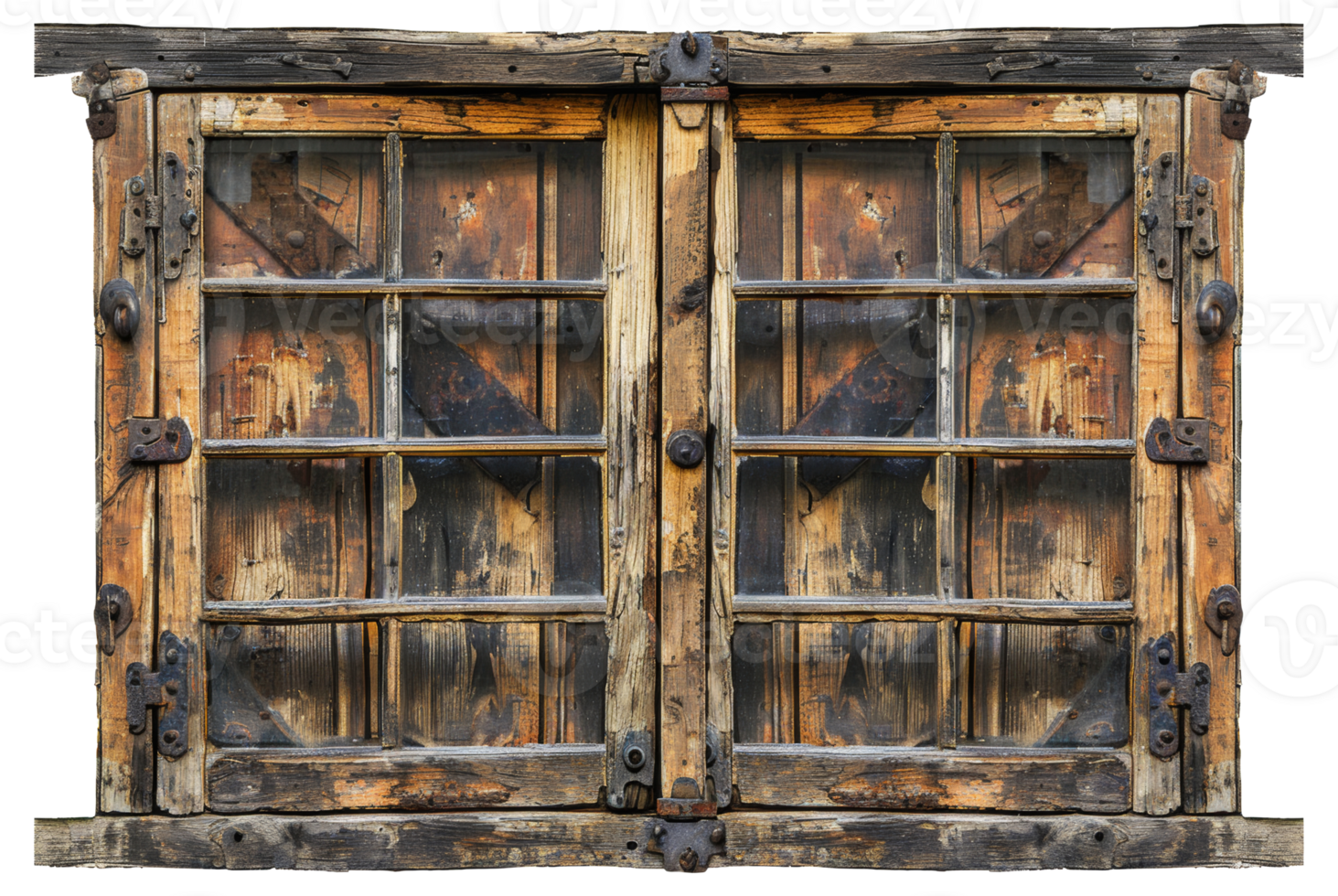 AI generated Vintage rustic wooden window with weathered shutters on transparent background - stock png. png