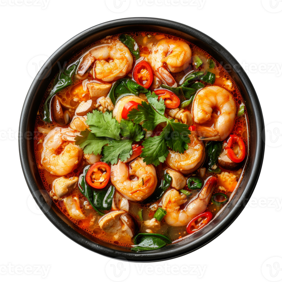 AI generated Savory red curry with shrimp and mixed vegetables in bowl on transparent background - stock png. png