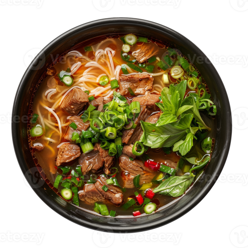 AI generated Traditional pho with beef, basil, and sliced chili in broth on transparent background - stock png. png