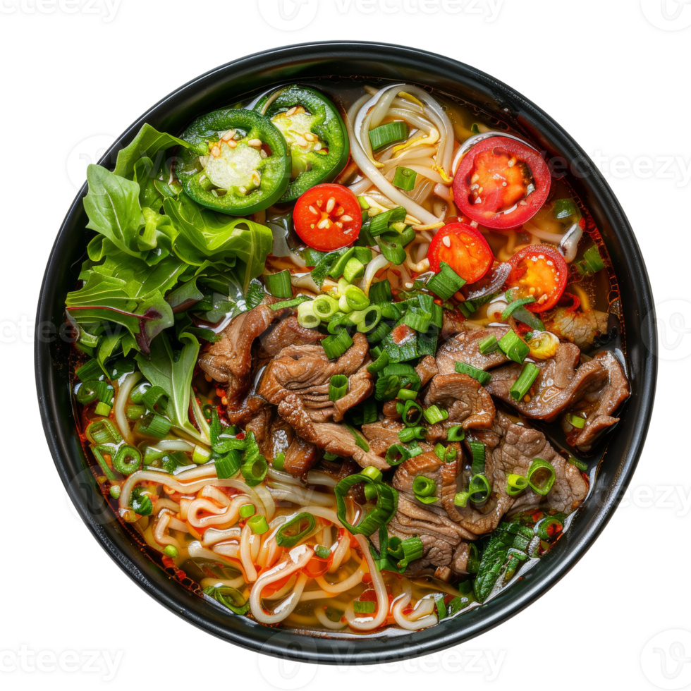 AI generated Traditional pho with beef, basil, and sliced chili in broth on transparent background - stock png. png