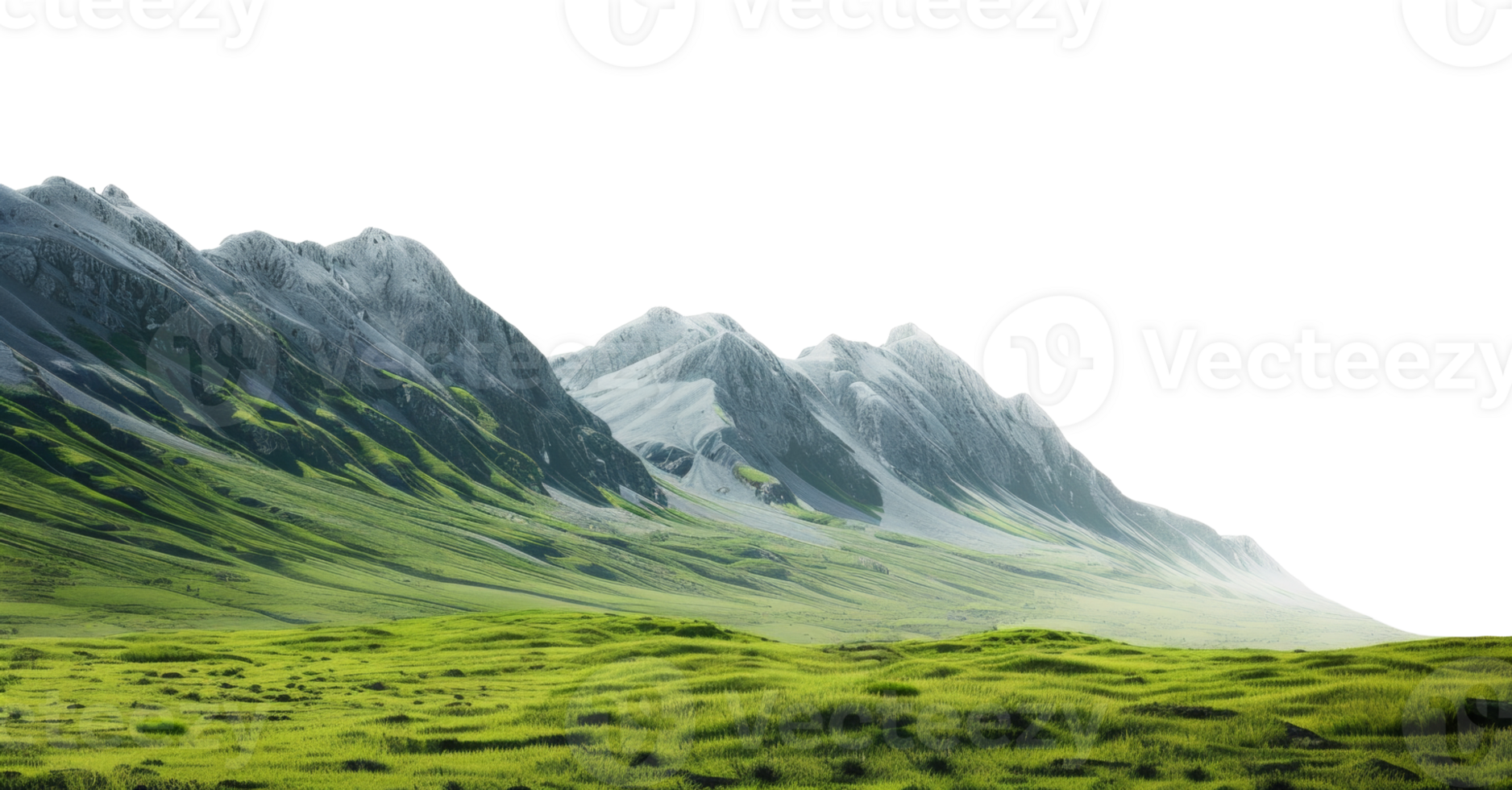 AI generated Pristine snowy mountain range towering over green meadows on transparent background - stock png. png