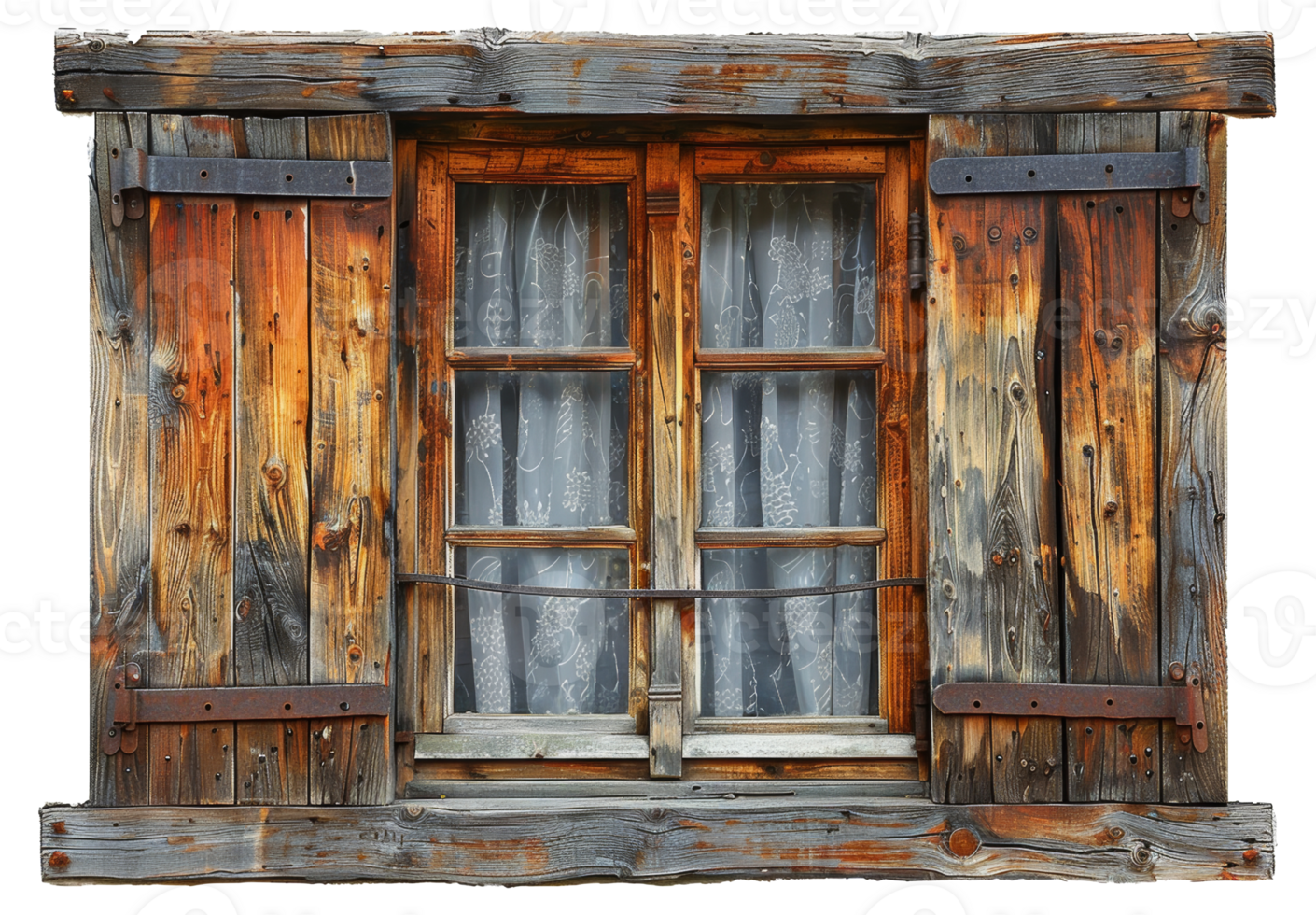 AI generated Vintage rustic wooden window with weathered shutters on transparent background - stock png. png