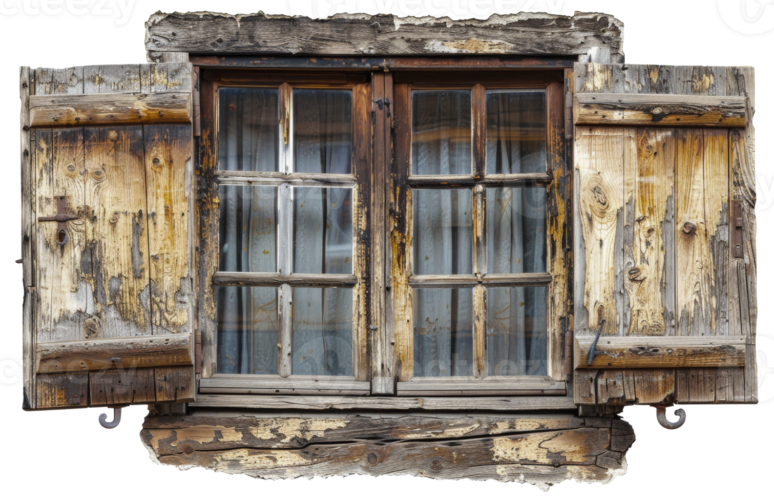 AI generated Vintage rustic wooden window with weathered shutters on transparent background - stock png. png