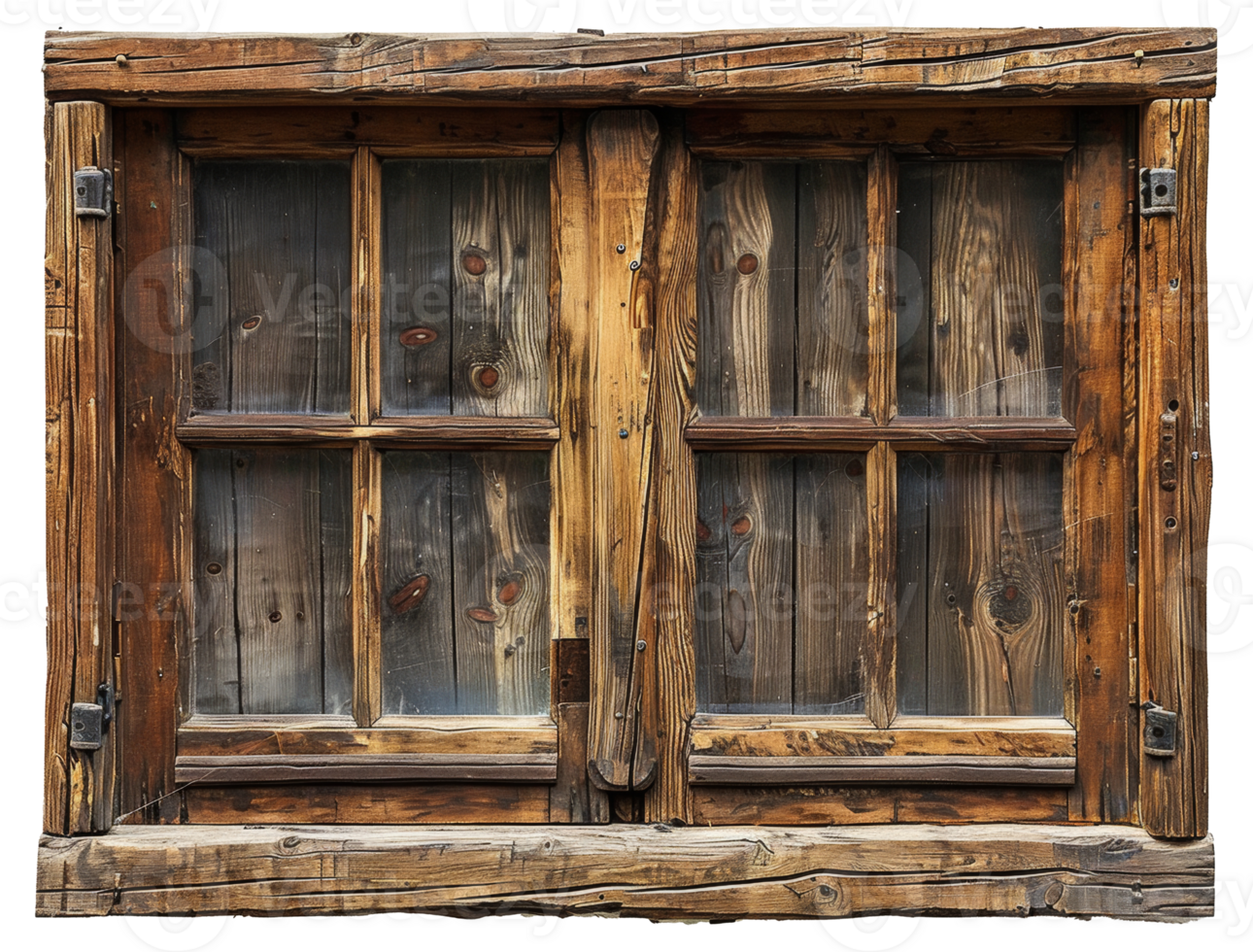 AI generated Vintage rustic wooden window with weathered shutters on transparent background - stock png. png