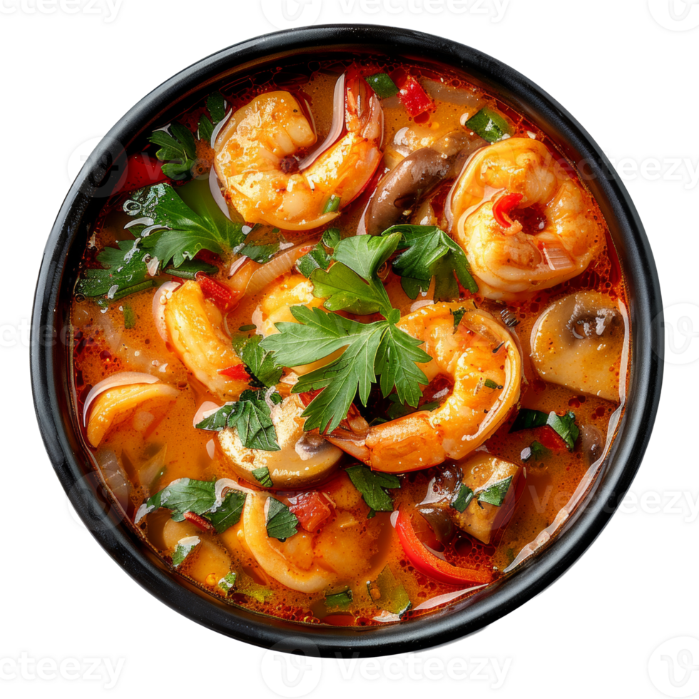 AI generated Savory red curry with shrimp and mixed vegetables in bowl on transparent background - stock png. png