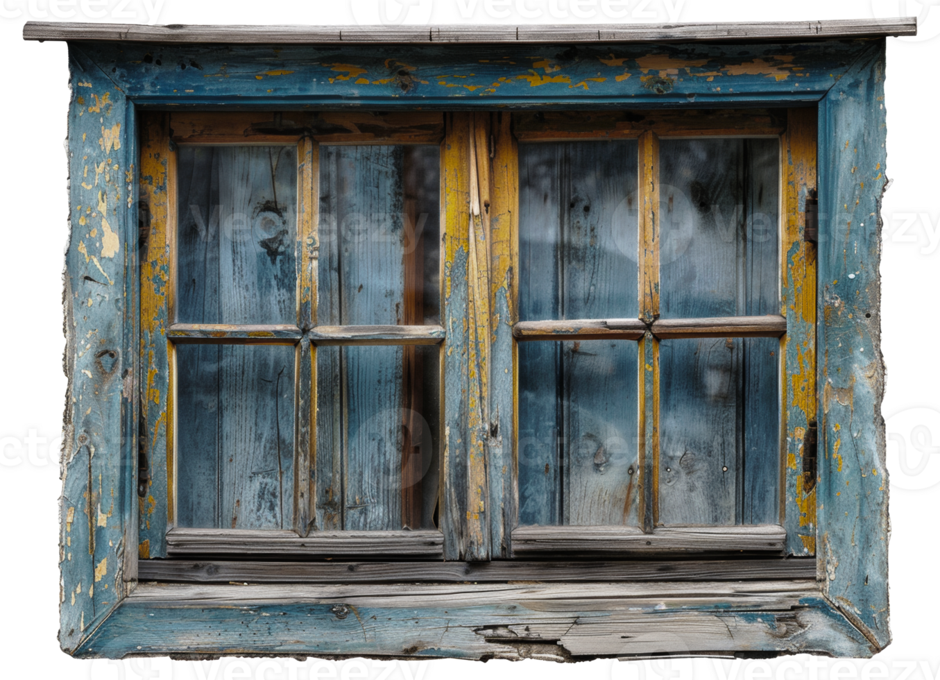AI generated Vintage rustic wooden window with weathered shutters on transparent background - stock png. png