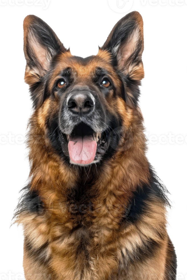 AI generated Alert German Shepherd dog with tongue out looking friendly on transparent background - stock png. png