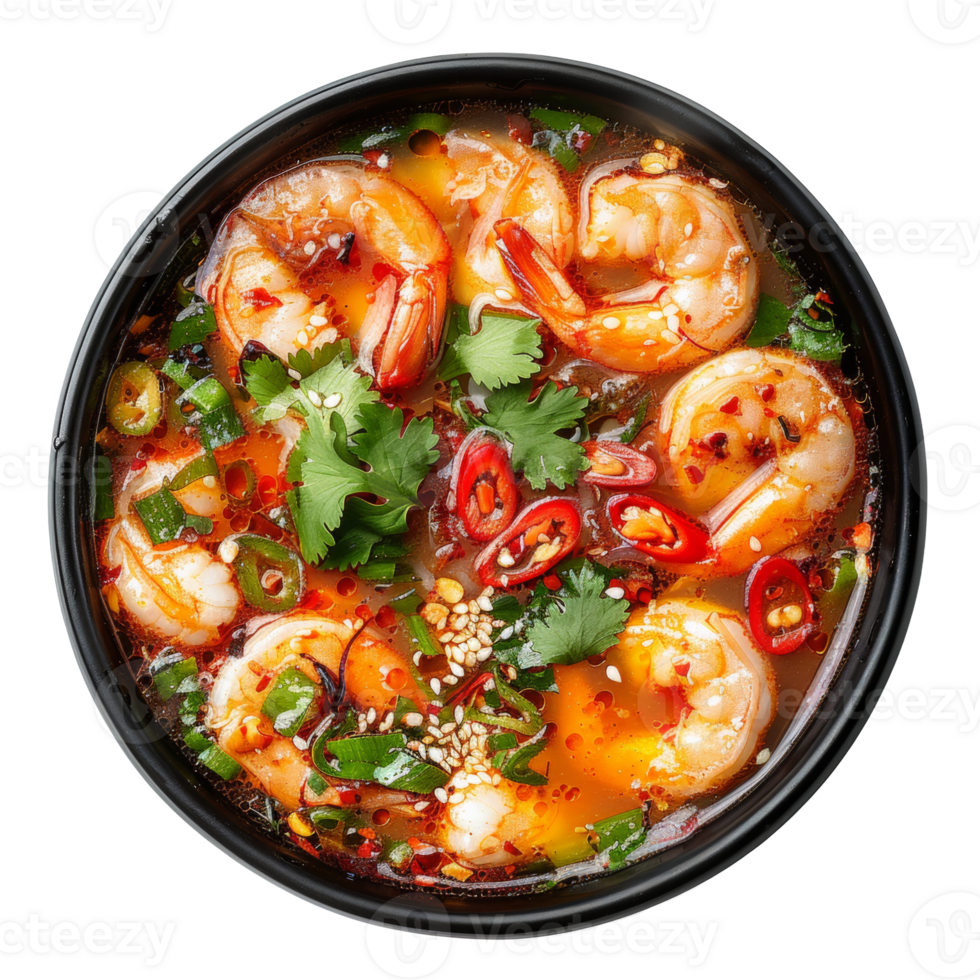 AI generated Savory red curry with shrimp and mixed vegetables in bowl on transparent background - stock png. png