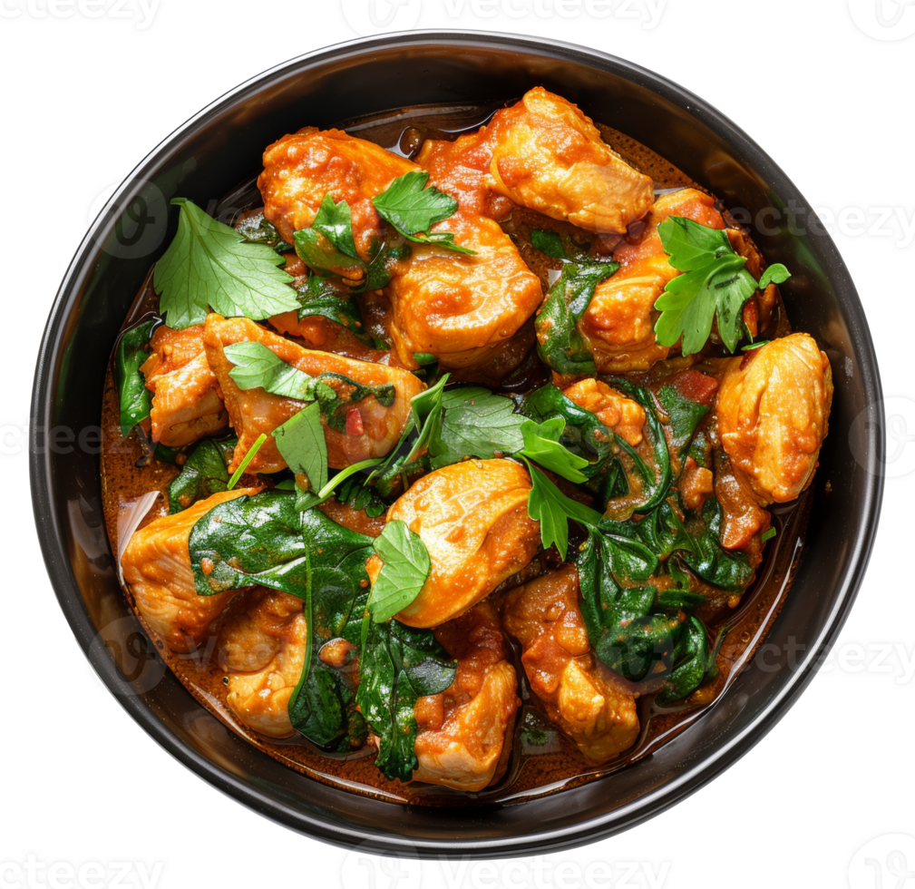 AI generated Spicy chicken tikka masala with spinach in a black bowl on transparent background - stock png. png