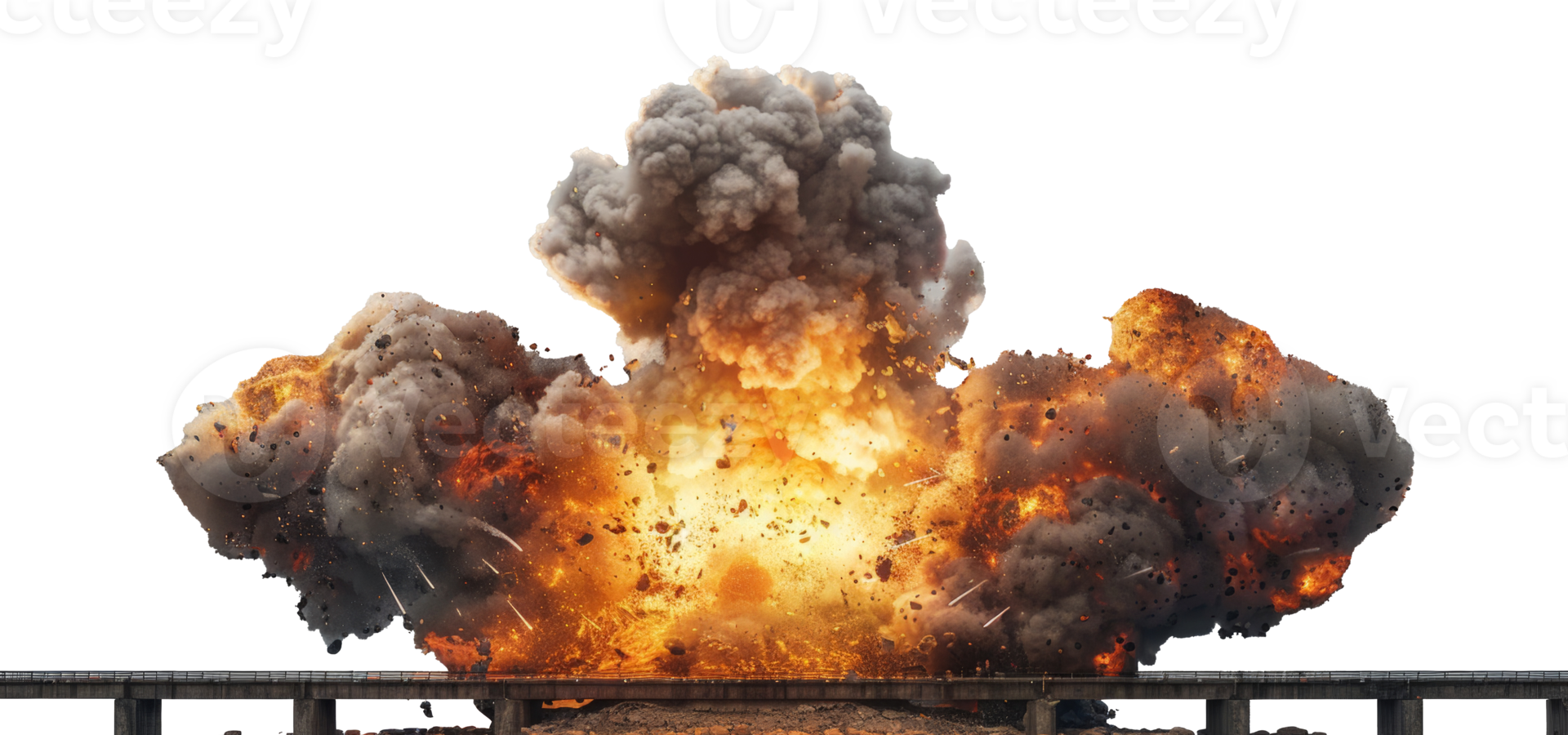 AI generated Dramatic explosion with intense flames on a bridge on transparent background - stock png. png