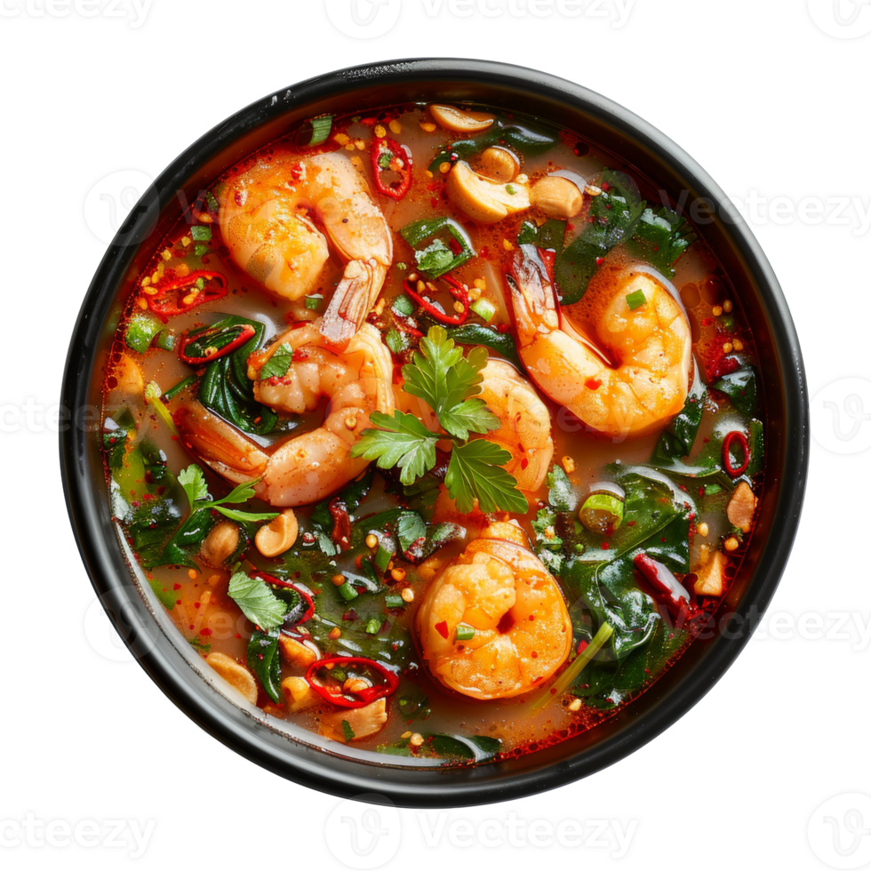 AI generated Savory red curry with shrimp and mixed vegetables in bowl on transparent background - stock png. png