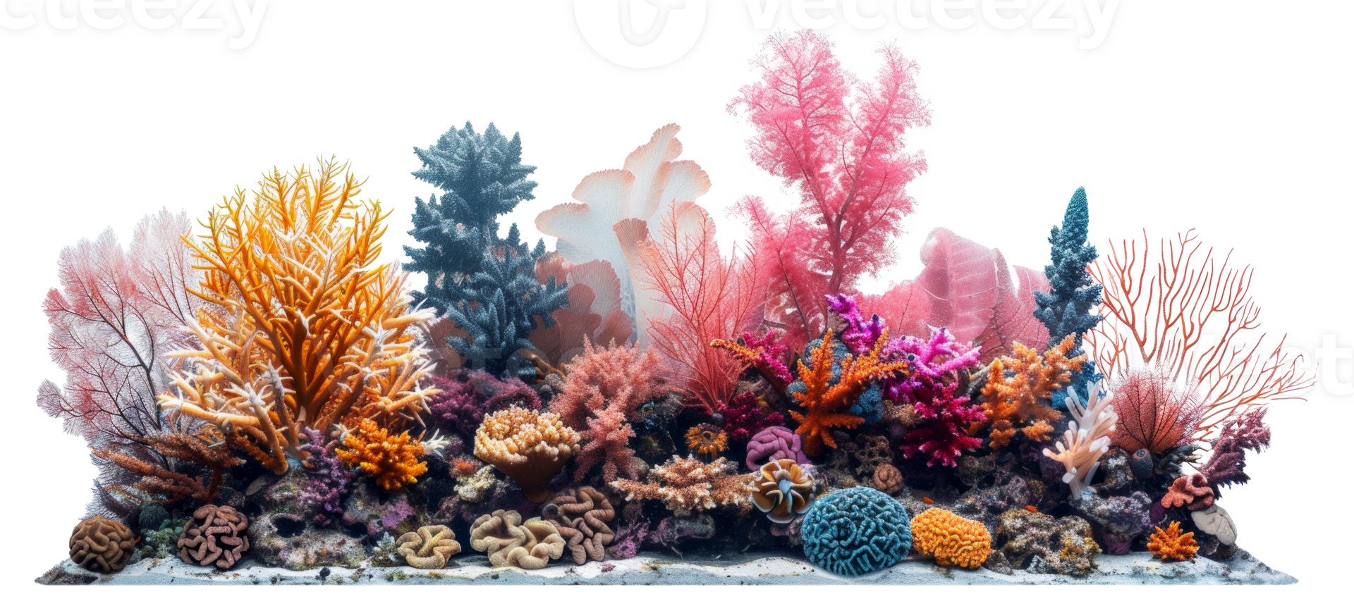 AI generated Panoramic view of vibrant colorful coral reef biodiversity on transparent background - stock png. png