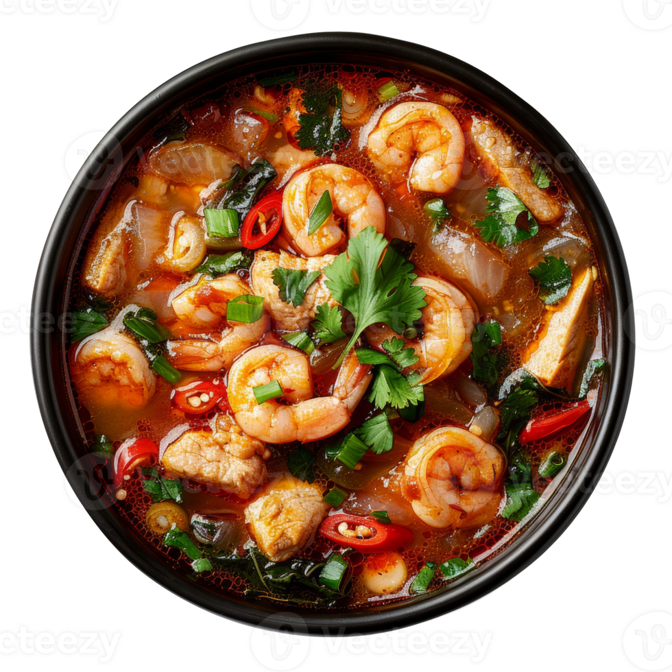 AI generated Savory red curry with shrimp and mixed vegetables in bowl on transparent background - stock png. png