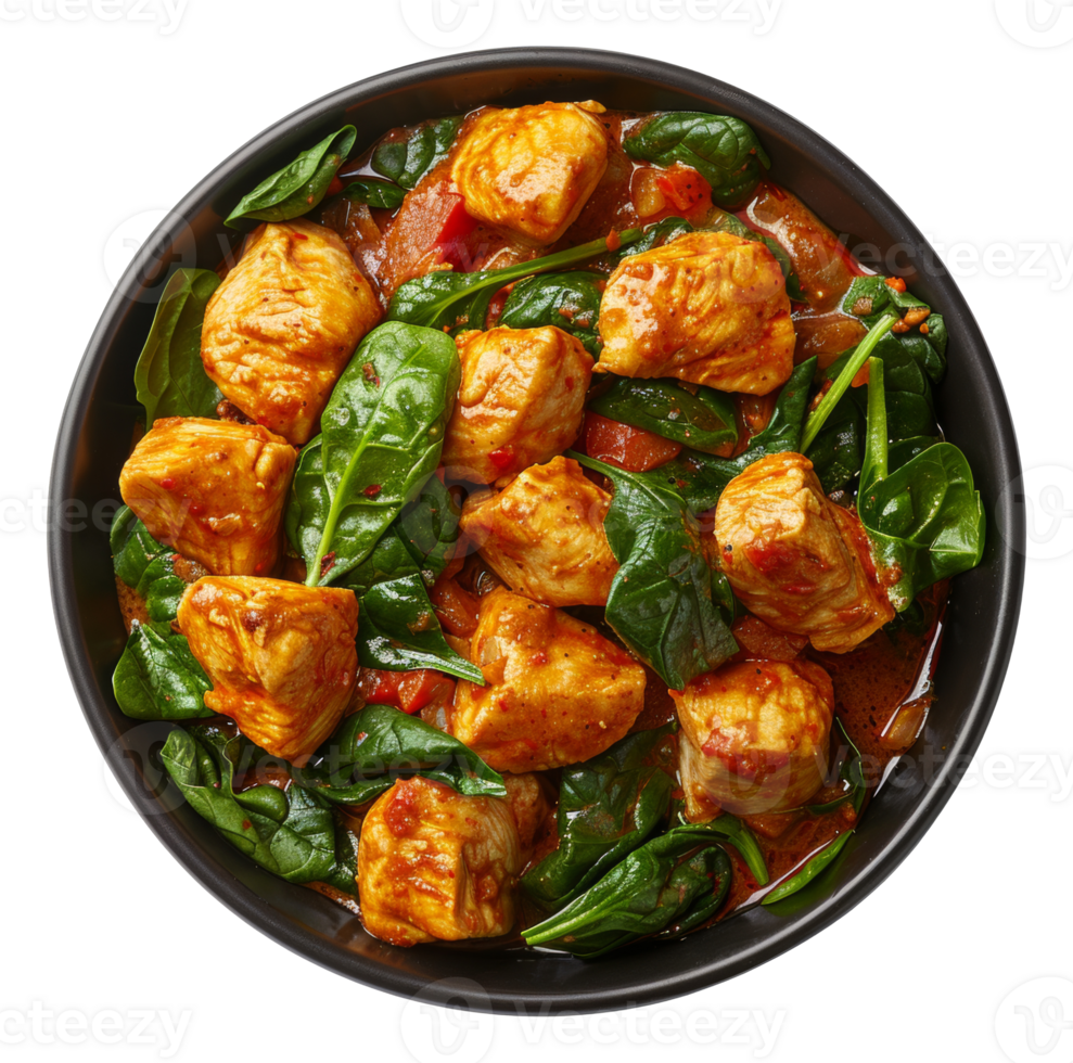AI generated Spicy chicken tikka masala with spinach in a black bowl on transparent background - stock png. png