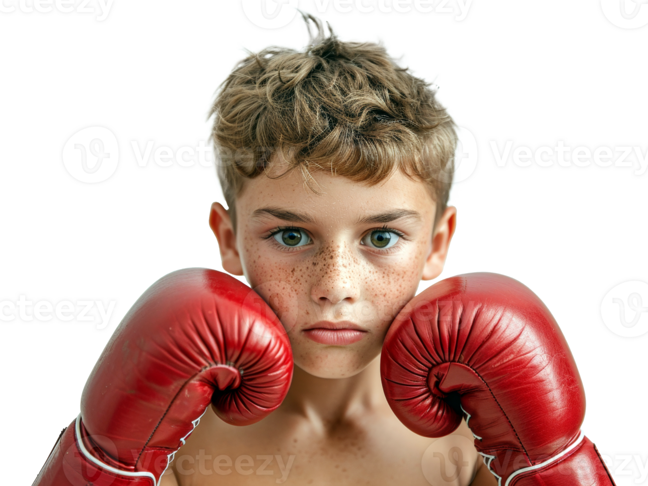 AI generated Youthful boxer in red gloves ready for athletic training on transparent background - stock png. png