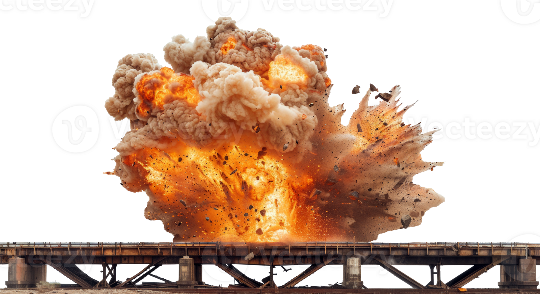 AI generated Dramatic explosion with intense flames on a bridge on transparent background - stock png. png