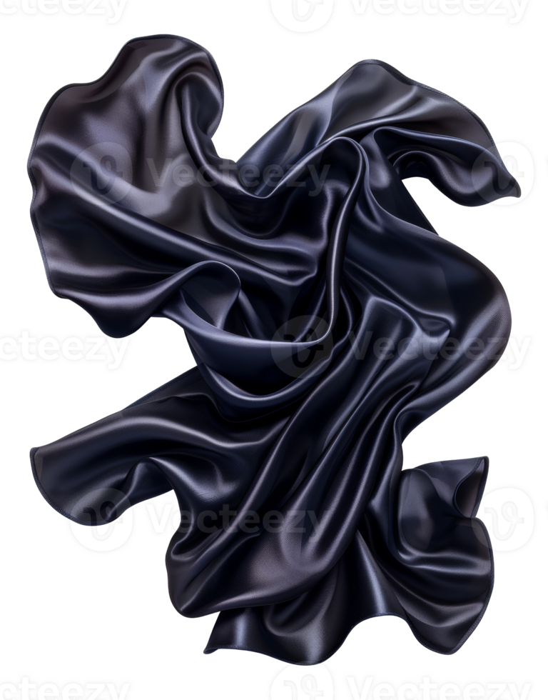 AI generated Elegant flowing black silk fabric on transparent background - stock png. png