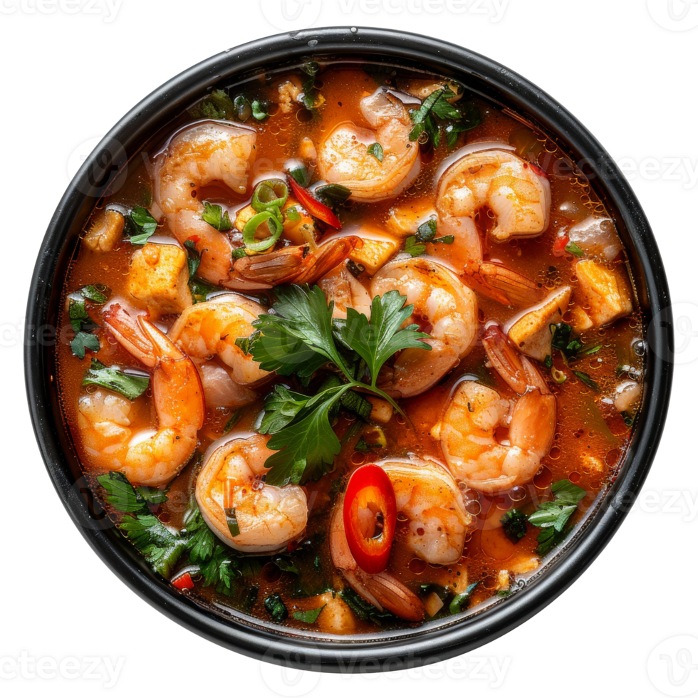 AI generated Savory red curry with shrimp and mixed vegetables in bowl on transparent background - stock png. png