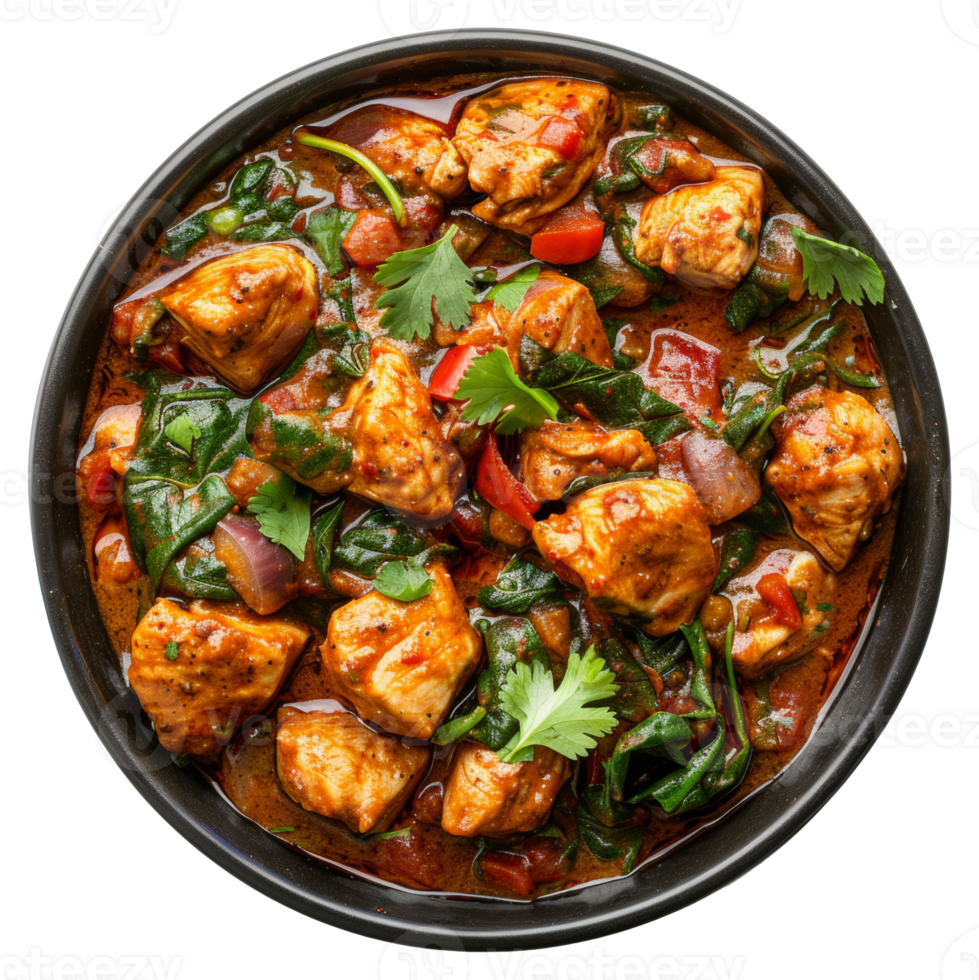 AI generated Spicy chicken tikka masala with spinach in a black bowl on transparent background - stock png. png