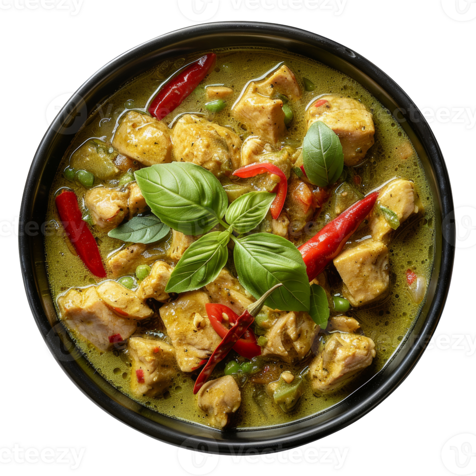 AI generated Spicy Thai green curry with chicken chunks and basil leaves on transparent background - stock png. png