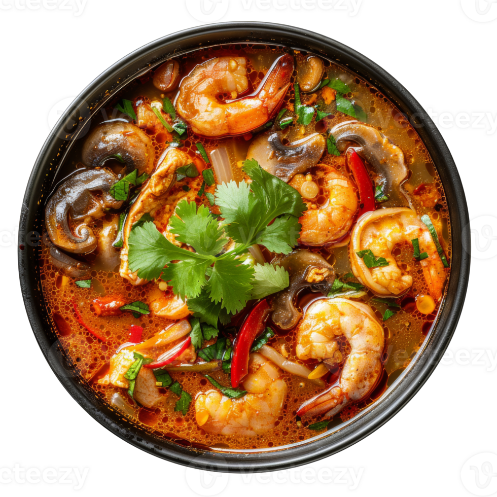 AI generated Savory red curry with shrimp and mixed vegetables in bowl on transparent background - stock png. png