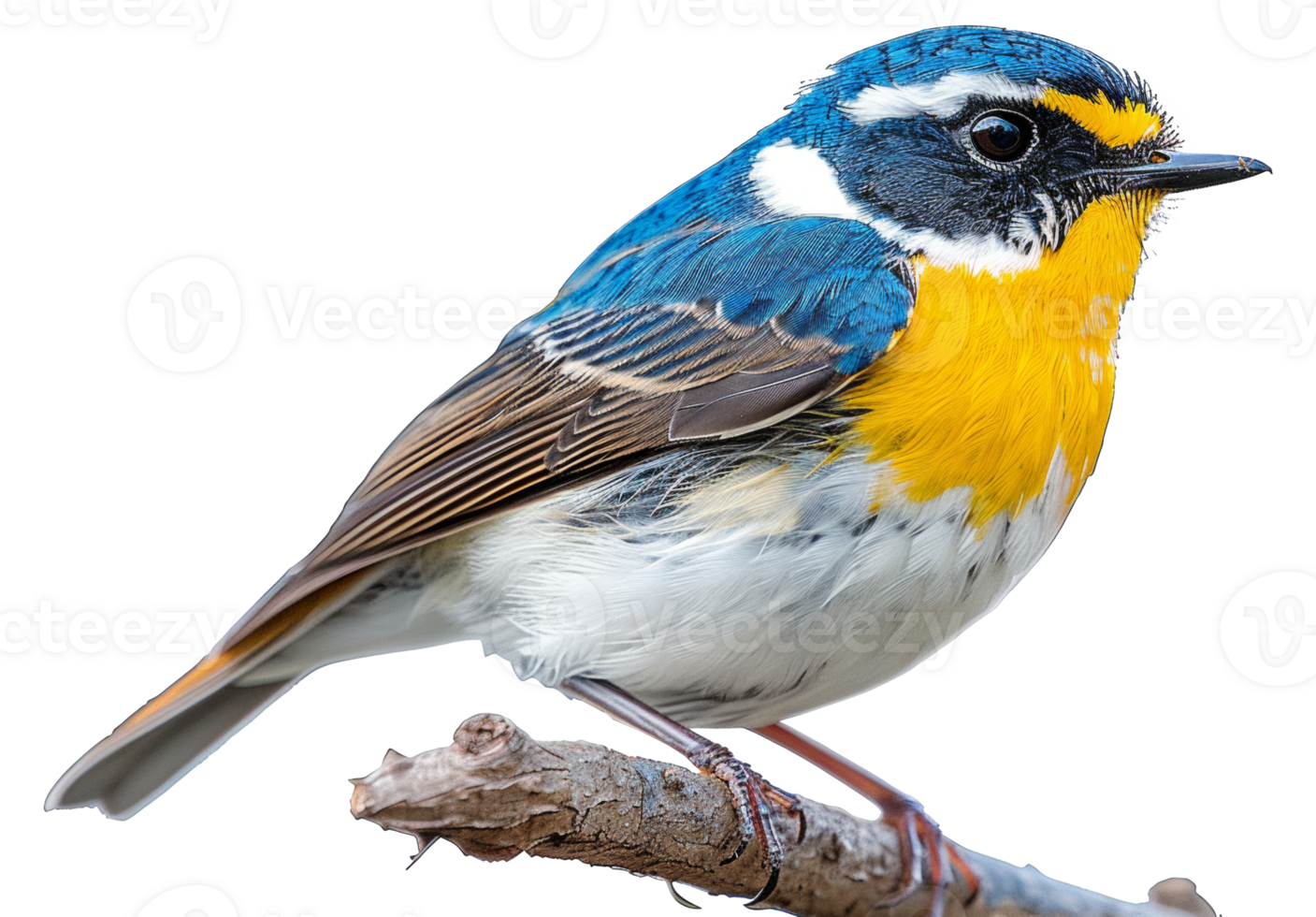AI generated Colorful bluebird with yellow and blue markings perched on branch on transparent background - stock png. png