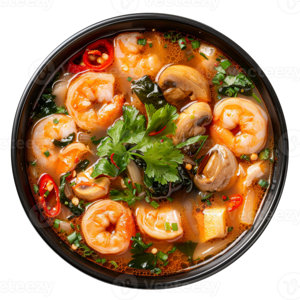 AI generated Savory red curry with shrimp and mixed vegetables in bowl on transparent background - stock png. png