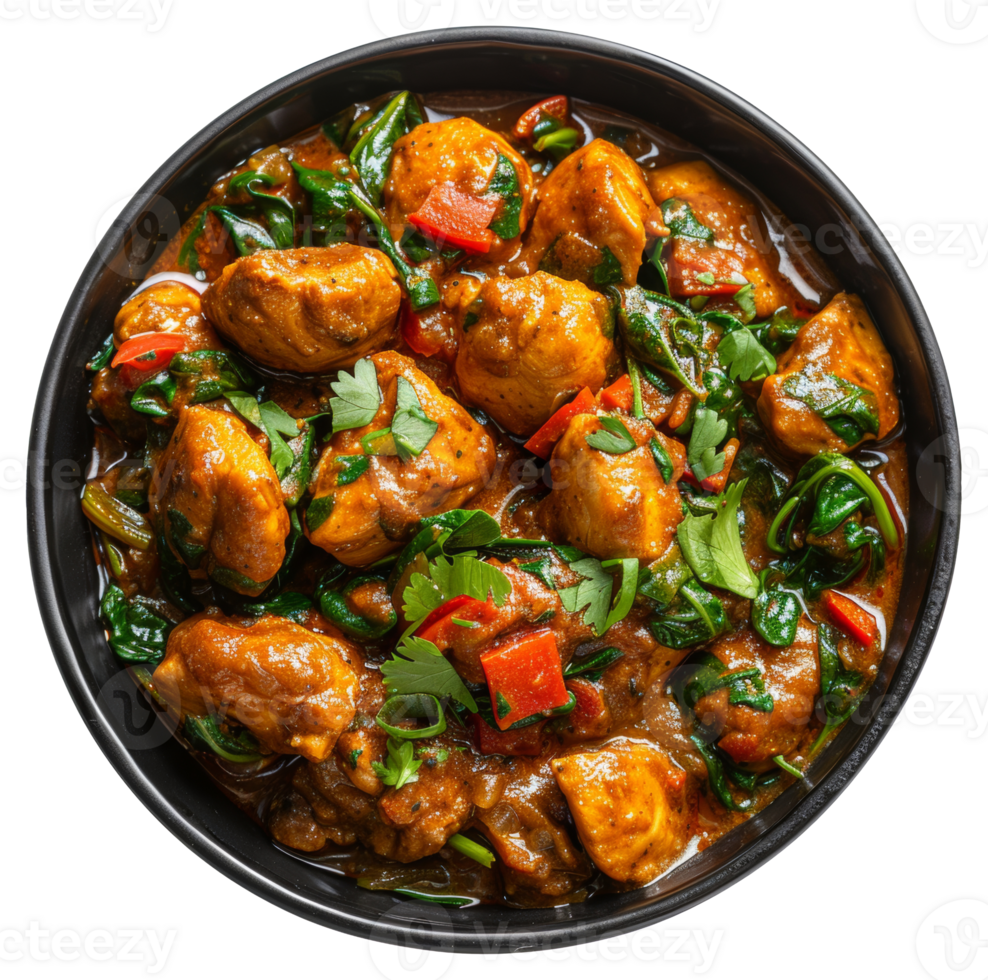 AI generated Spicy chicken tikka masala with spinach in a black bowl on transparent background - stock png. png