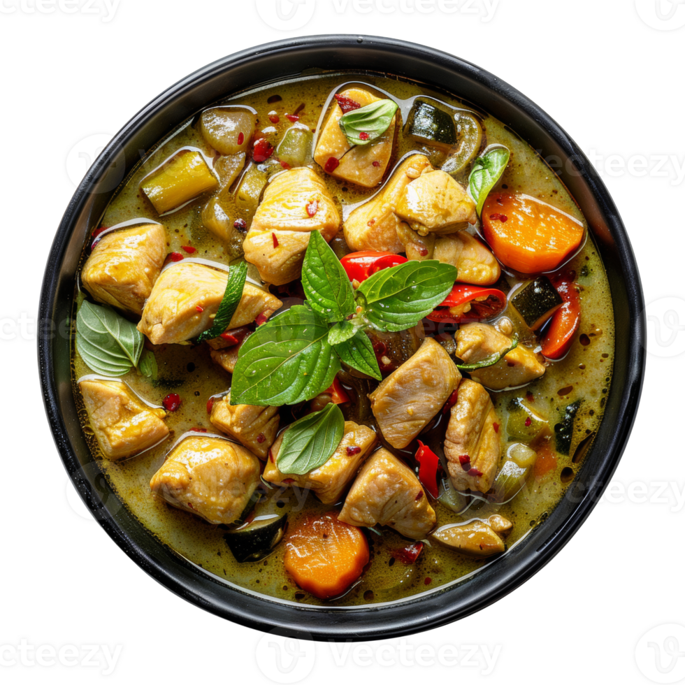 AI generated Spicy Thai green curry with chicken chunks and basil leaves on transparent background - stock png. png