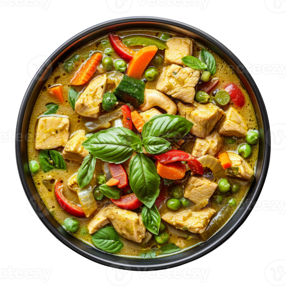 AI generated Spicy Thai green curry with chicken chunks and basil leaves on transparent background - stock png. png