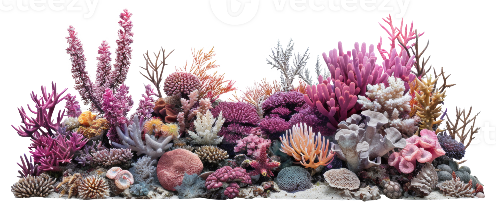 AI generated Panoramic view of vibrant colorful coral reef biodiversity on transparent background - stock png. png