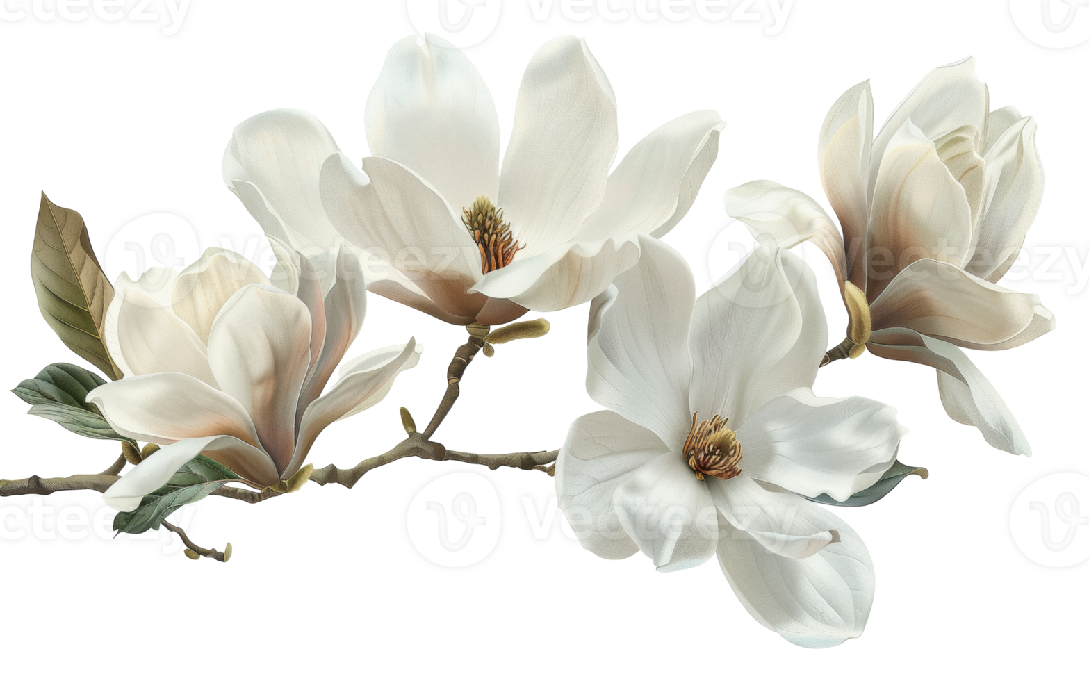 AI generated Soft white magnolia flowers in full bloom on branch on transparent background - stock png. png