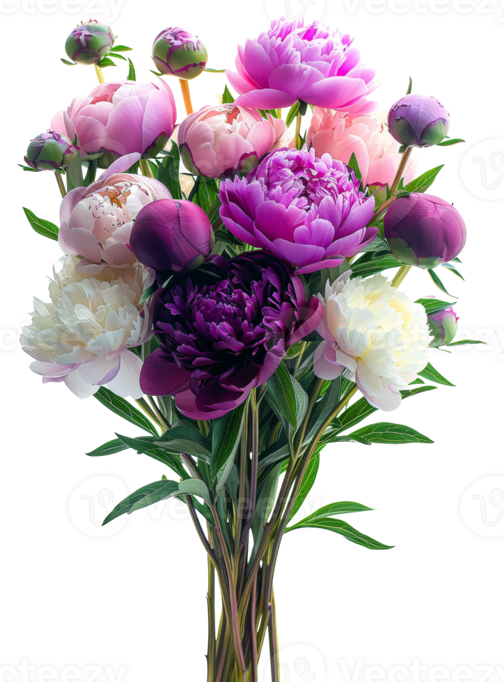 AI generated Colorful bouquet of peonies with pink and purple hues on transparent background - stock png. png