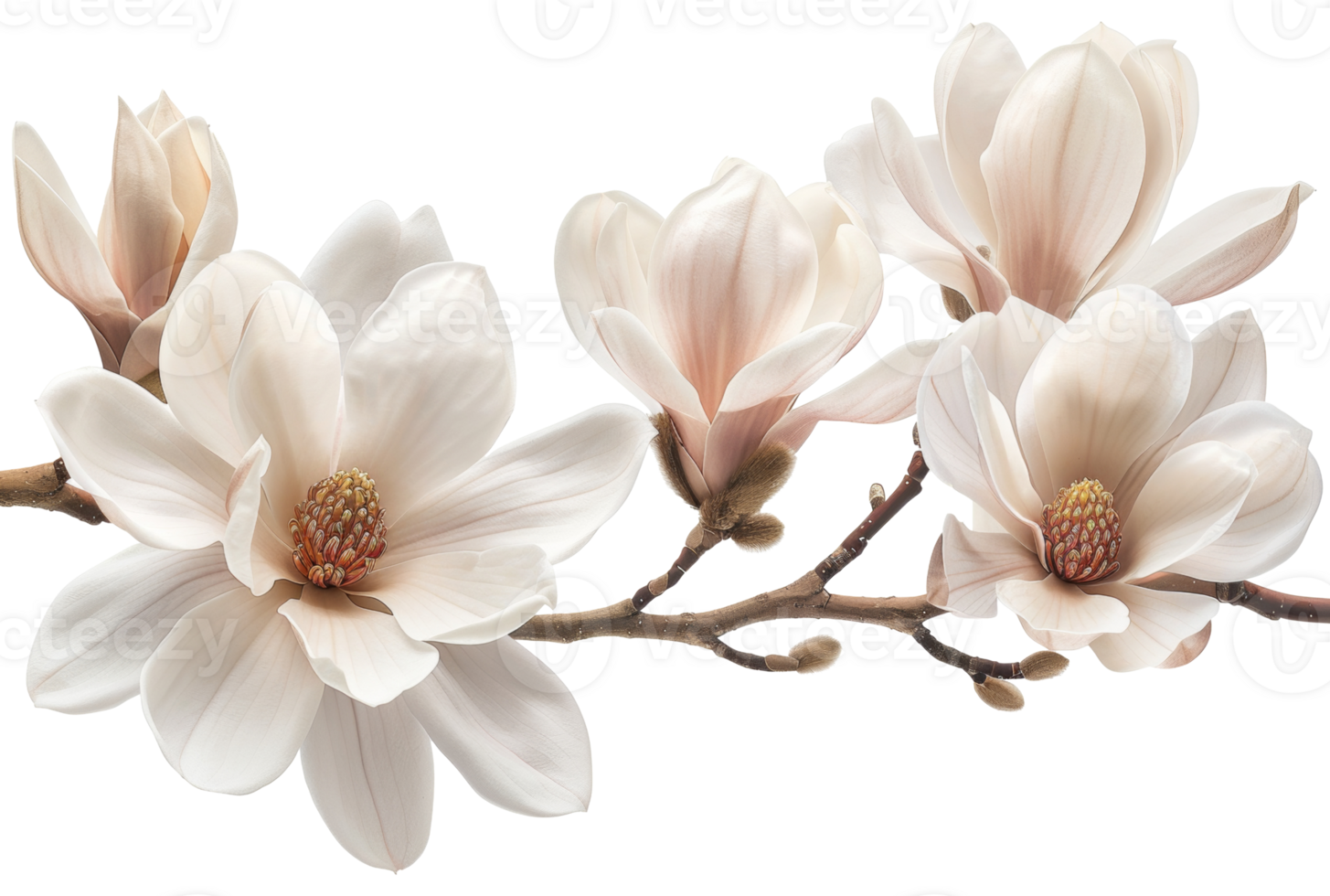 AI generated Soft white magnolia flowers in full bloom on branch on transparent background - stock png. png